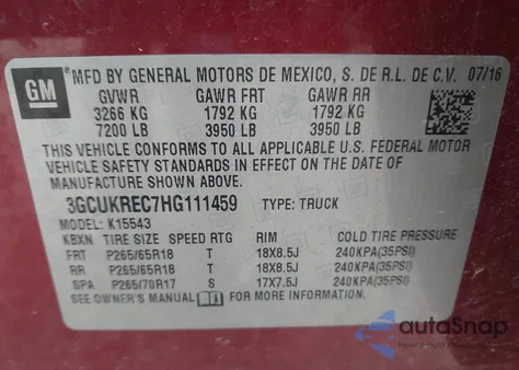 2017 Chevrolet Silverado 1500 2Lt from USA, damaged, VIN 3GCUKREC7HG111459